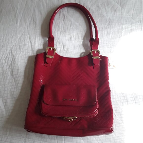 Ted Baker Handbags - EUC Ted Baker Large Red Faux Patent Leather Chevron Stitched Shoulder Bag